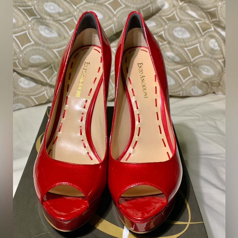 Enzo Angiolini Red Easully Patent Leather Peep-Toe Heels